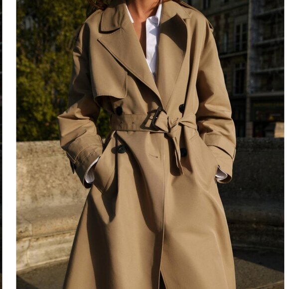 ZARA Light Camel Long Double-breasted Trench Coat With Belt - Picture 4 of 12